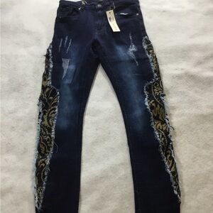 Reason Men’s Dark Blue Jeans with Gold Pattern 34x32 #263